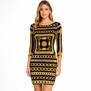 GoodTime Elegant Black and Gold Chain Print Bodycon Dress Medium S